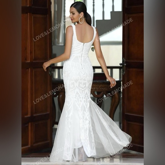 LOVE&LEMONADE Mermaid Hem Mesh Sequin Formal Gown Wedding Dress Size S - Picture 2 of 5